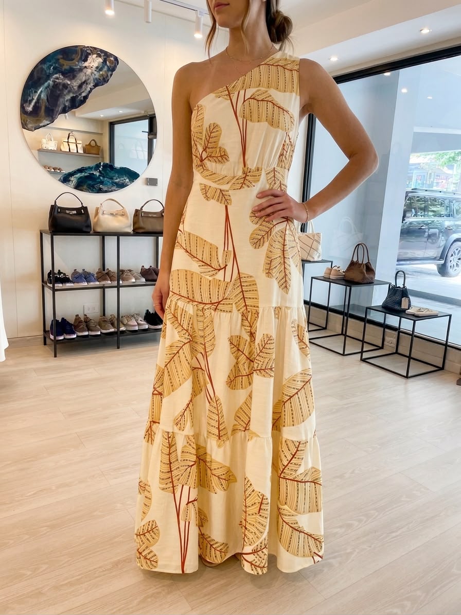 VESTIDO ONE SHOULDER ESTAMPADO AMARILLO